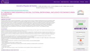 Iniciativa Popular de la Norma El TURISMO COMO DESARROLLO SOCIAL, CULTURAL, PATRIMONIAL, INCLUSIVO Y ECONOMICO PARA EL BUEN VIVIR