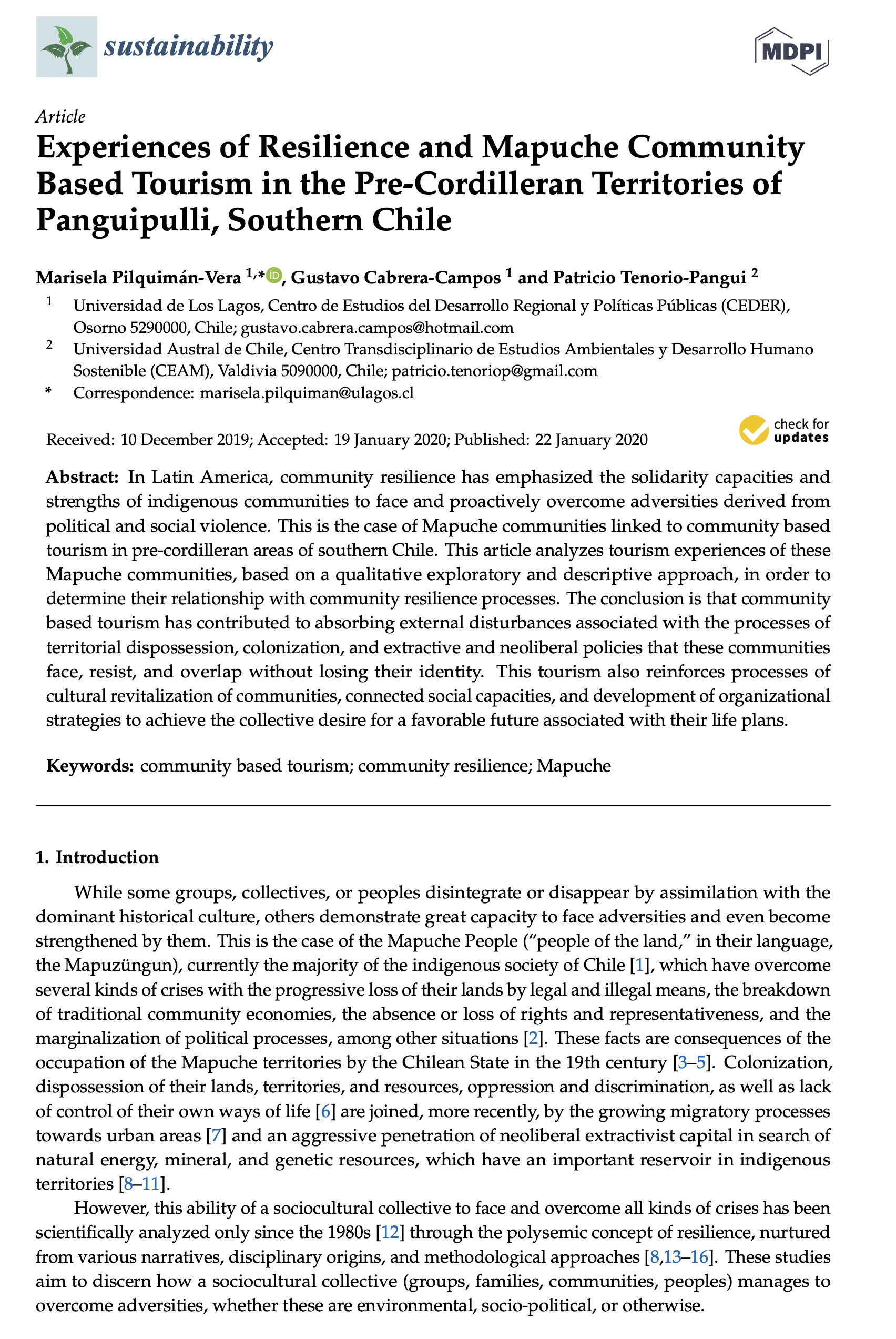 imgen Experiences of Resilience and Mapuche Community Based Tourism in the Pre-Cordilleran Territories of Panguipulli, Southern Chile